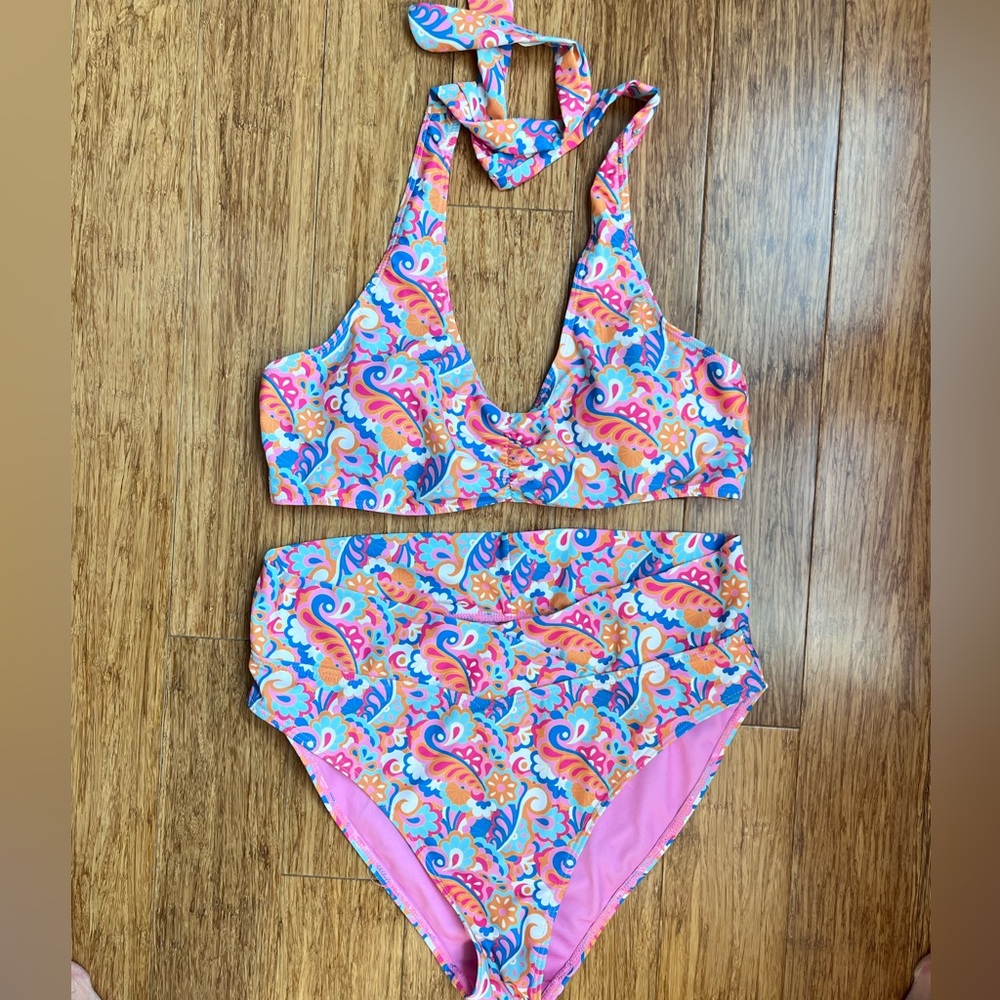 PINK LILY | High Waisted Rainbow Paisley Bikini size large